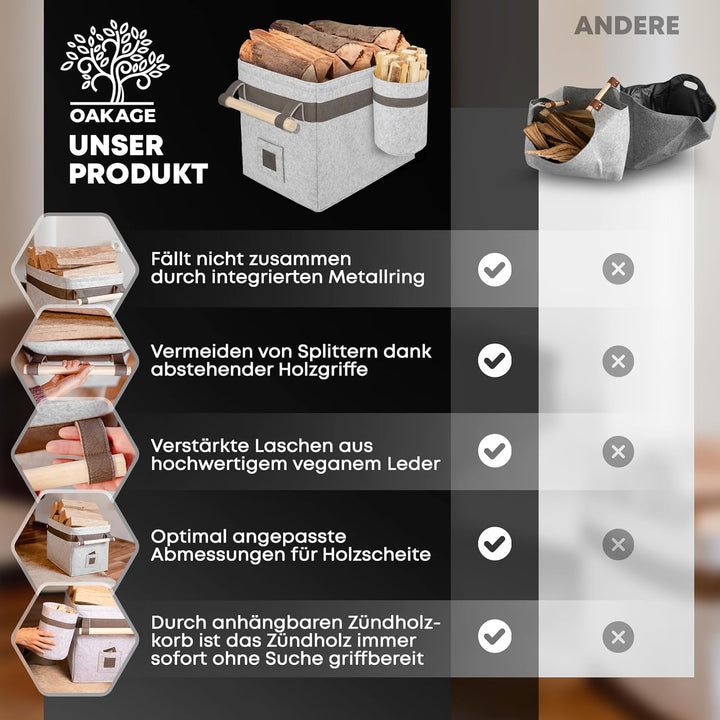 OAKAGE® Holzkorb für Kaminholz Gross mit Zündholzkorb [Integrierter Metallrahmen für Zusatzstabilitä