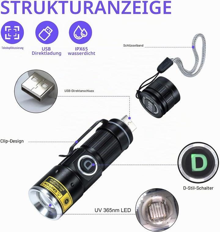 DARKDAWN UV Taschenlampe 365nm Licht Schwarzlicht USB Wiederaufladbar, Woodsche Lampe Ultraviolett L