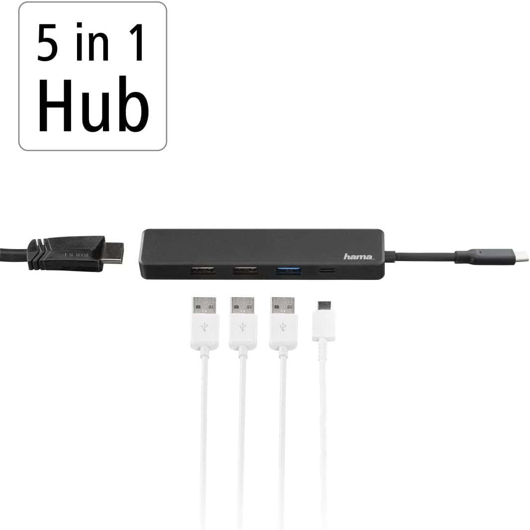 Hama USB C Hub, 5 Anschlüsse (USB C Adapter mit 480 Mbit/s High Speed, HDMI Splitter für 4K Qualität