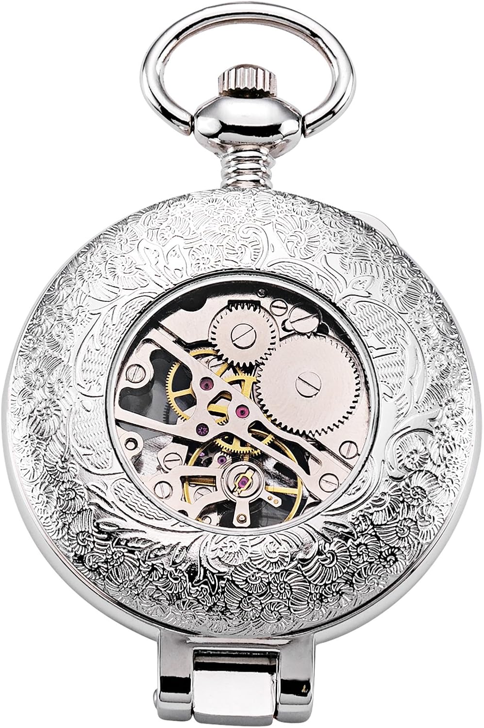 TREEWETO Unisex Taschenuhr mit Kette Analog Handaufzug Stehende Lupe Skelett Silber