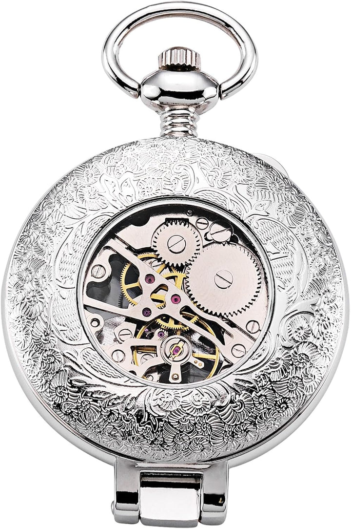 TREEWETO Unisex Taschenuhr mit Kette Analog Handaufzug Stehende Lupe Skelett Silber