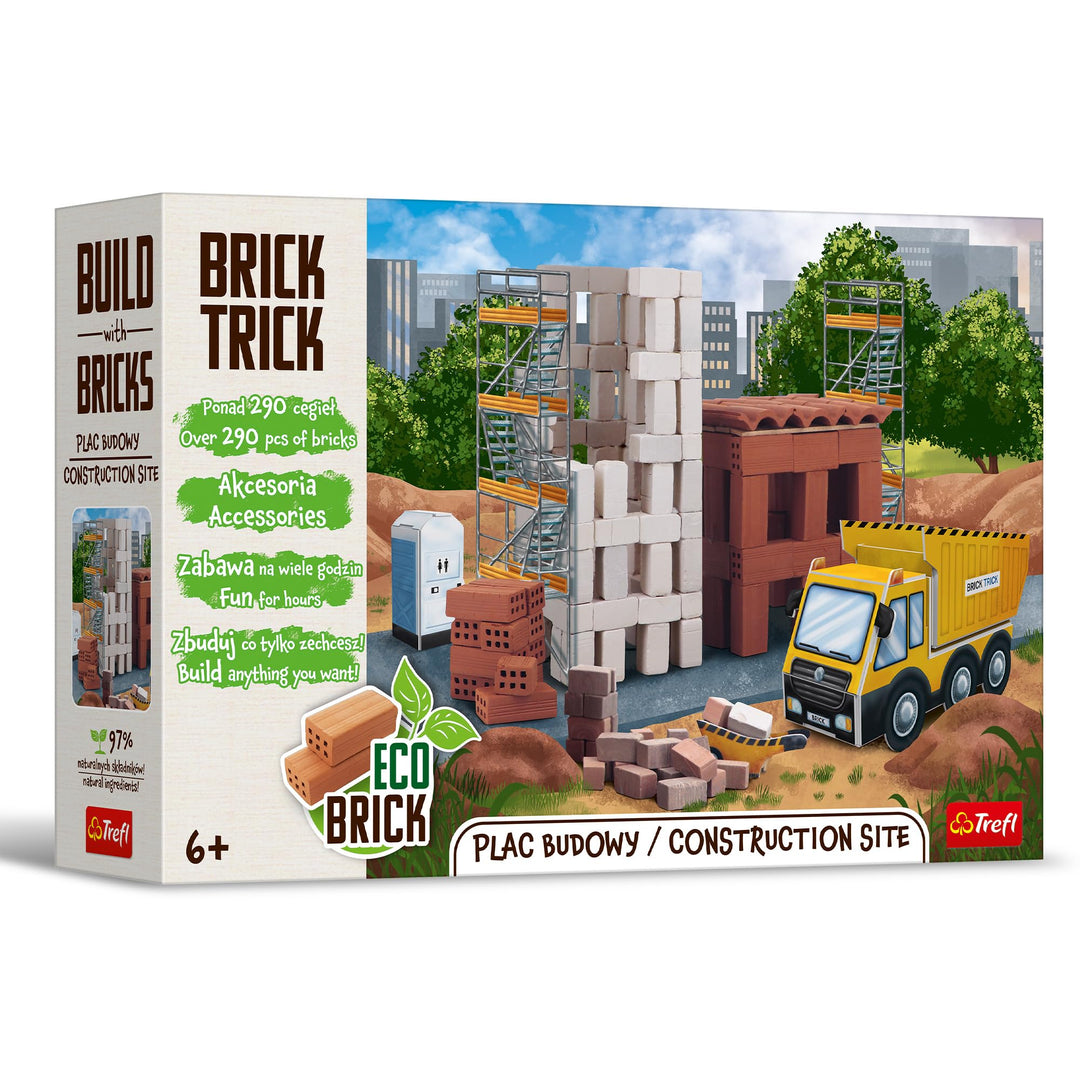 Trefl – Brick Trick: Baustelle/Construction Site – Bauen mit Ziegeln, EKO Echte Ziegelsteine, 290 Zi