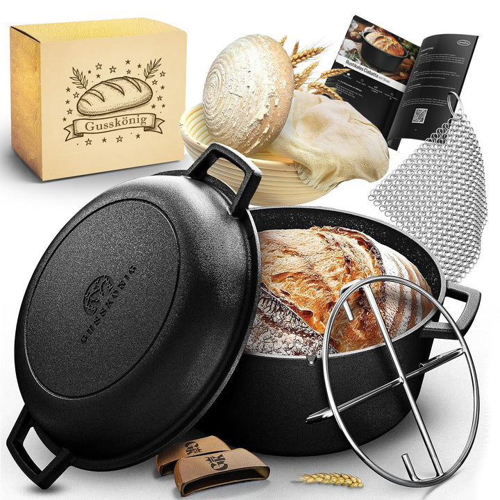 2in1 Gusseisen Brotbackform mit Gärkörbchen–Eingebrannter Gusseisen Topf Brot Backen 4,8L & Grillpfa