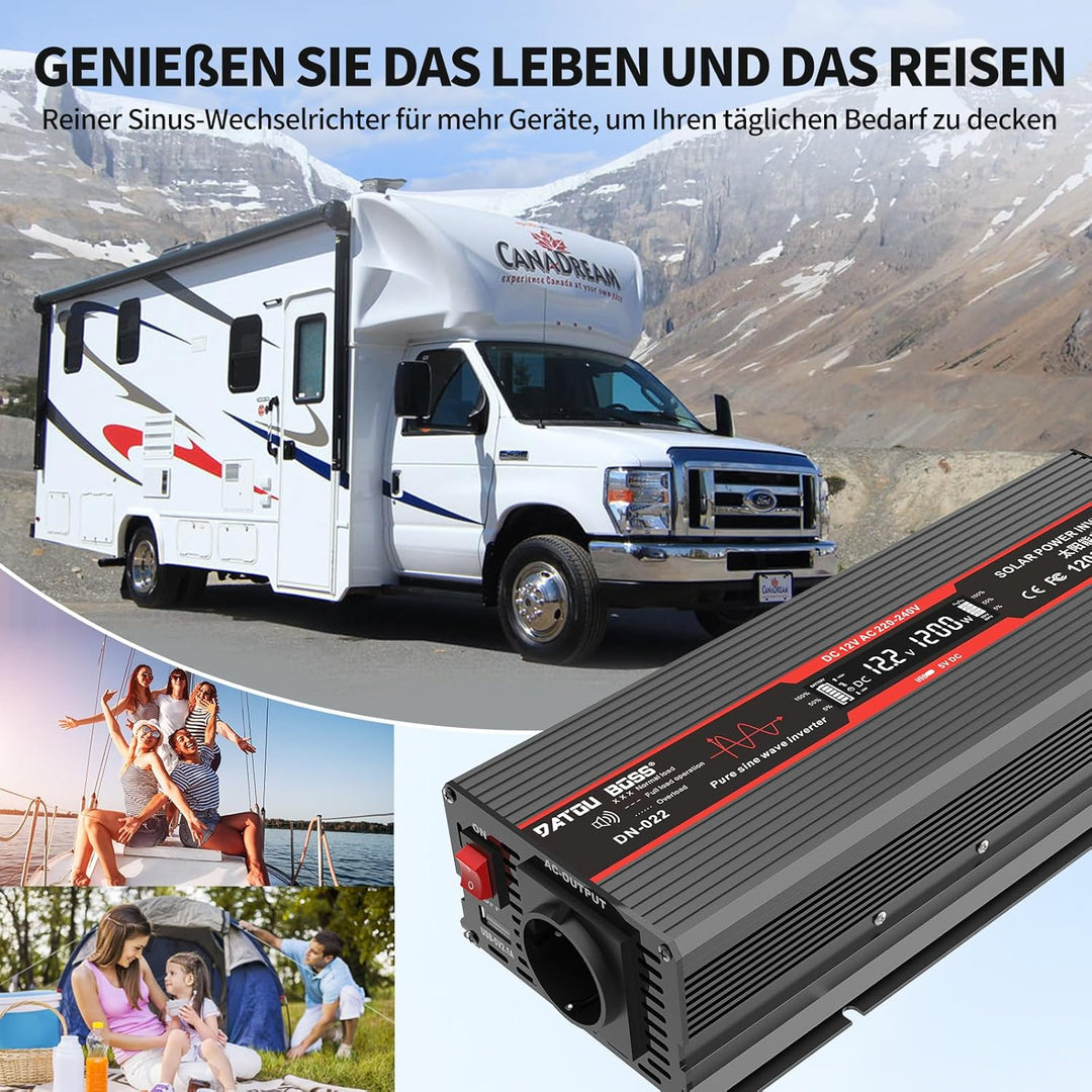 DATOUBOSS 1200W Wechselrichter 12V Auf 230V Reiner Sinus Spannungswandler Spitzenleistung 2500W Mit