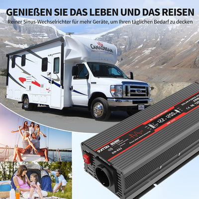 DATOUBOSS 1200W Wechselrichter 12V Auf 230V Reiner Sinus Spannungswandler Spitzenleistung 2500W Mit