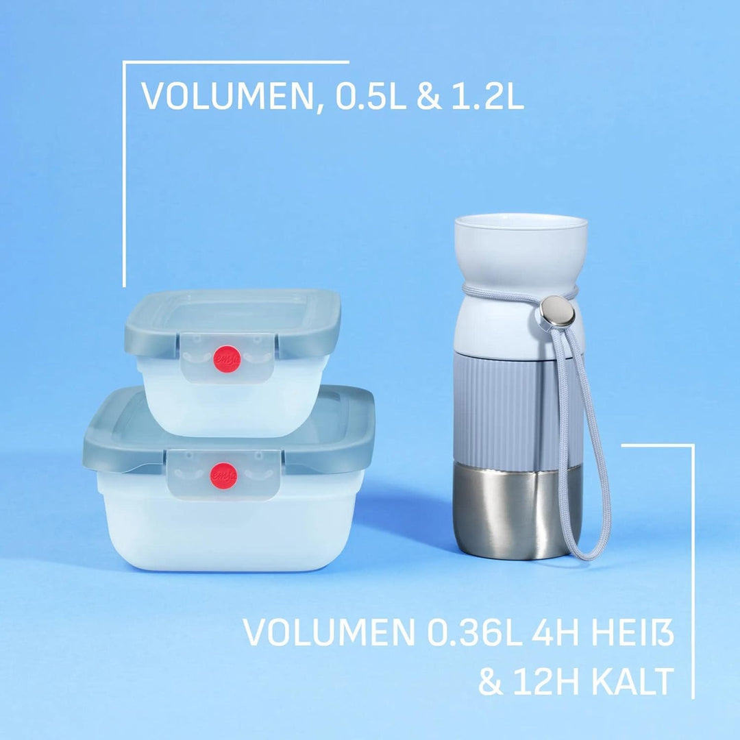 EMSA beYou Office-Set, 100% Dicht, oneClick Frischhaltedose 0,5 L, 1,2 L, beYou Cup Mug 0,36 L, Blau