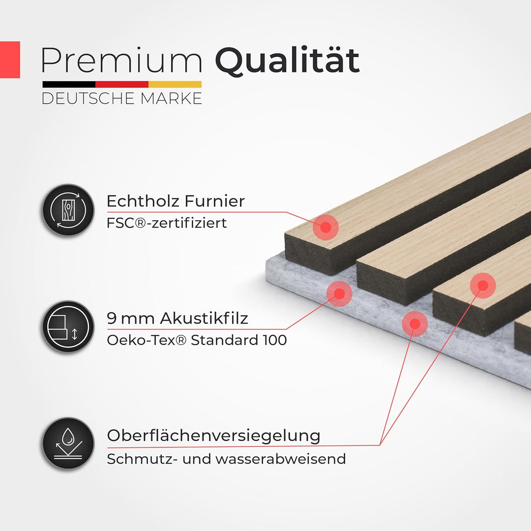 Akustikpaneele Holz – 3er-Set | 60x60cm | Echtholz Eiche & Akustikfilz Grau – 3D Wandpaneele für Sch
