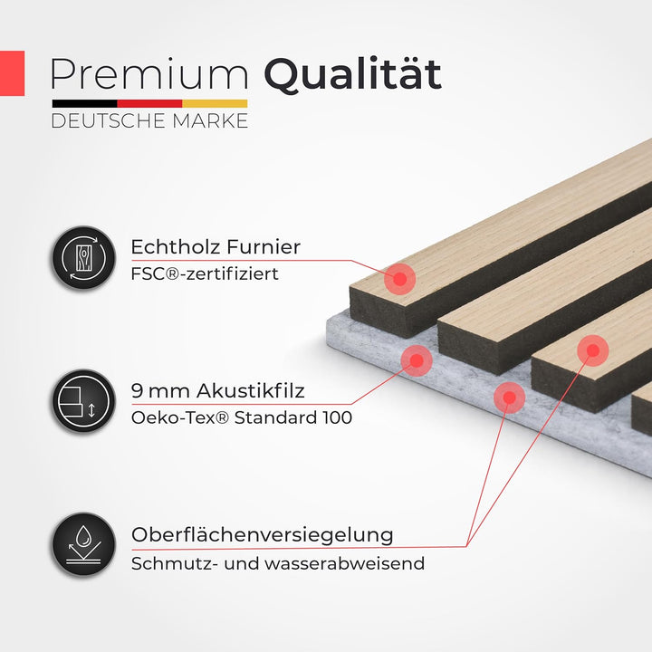 Akustikpaneele Holz – 3er-Set | 60x60cm | Echtholz Eiche & Akustikfilz Grau – 3D Wandpaneele für Sch