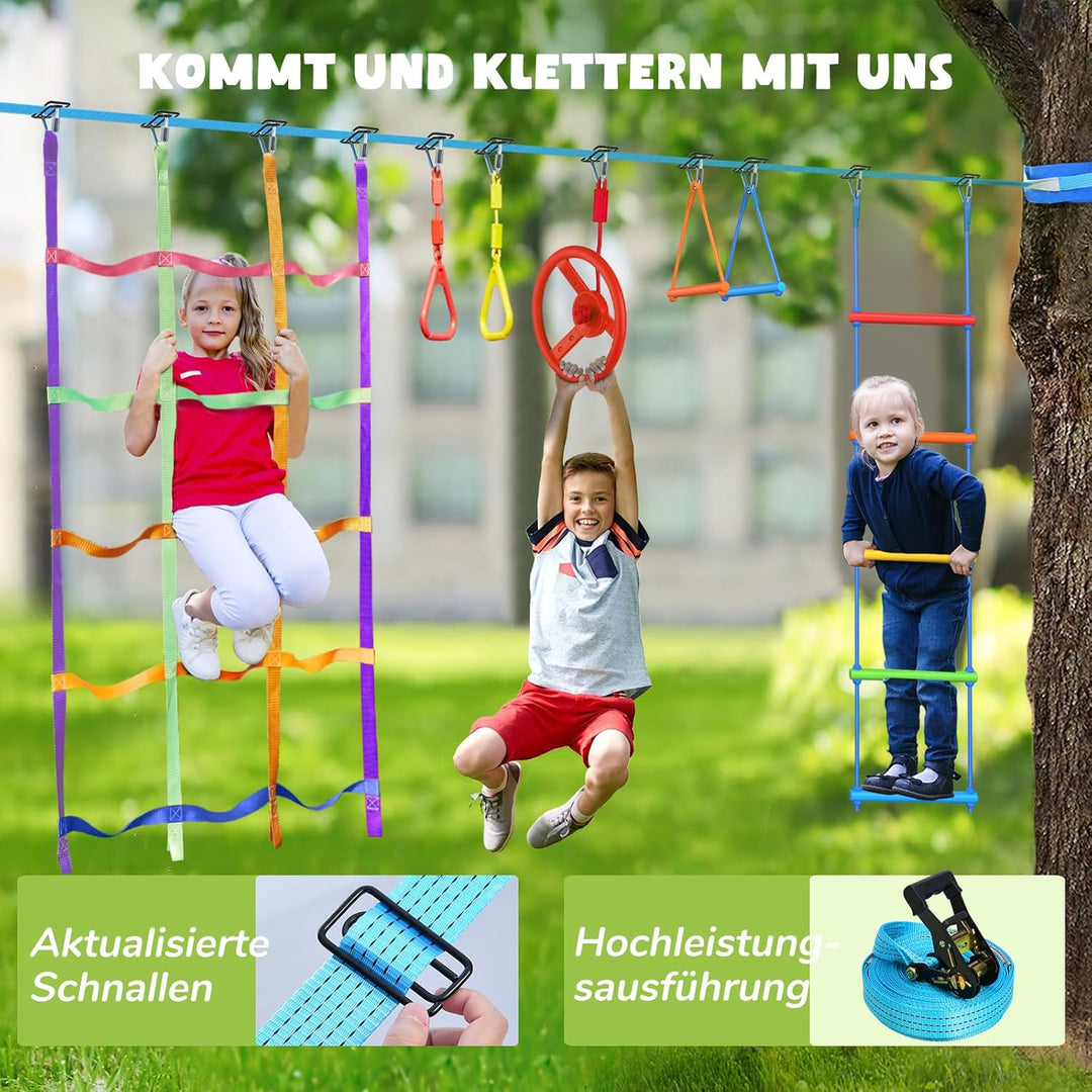 Hapfan 15M Ninja Slackline Kinder Nestschaukel Outdoor Set mit Seilrolle, Ninja Warrior Parcours Kin