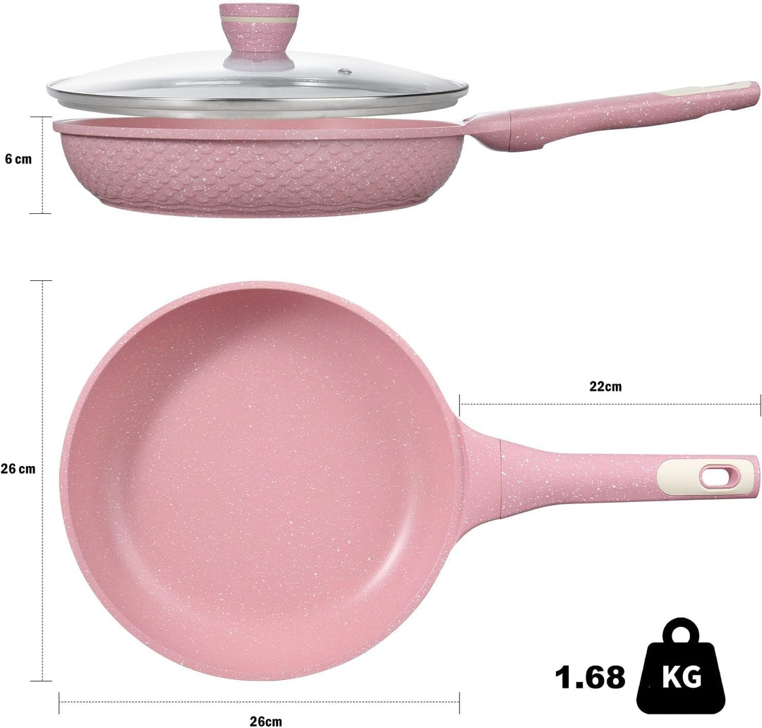 DYGG Antihaft Bratpfanne 26 cm mit Glasdeckel, Granitbeschichtung für fettfreies Braten, 100% frei v