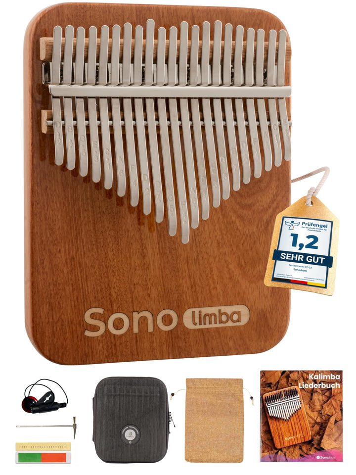Kalimba "Sonolimba" mit 21 Schlüsseln in C - Dur aus Korallenholz. Daumenklavier inkl. Set mit Liede