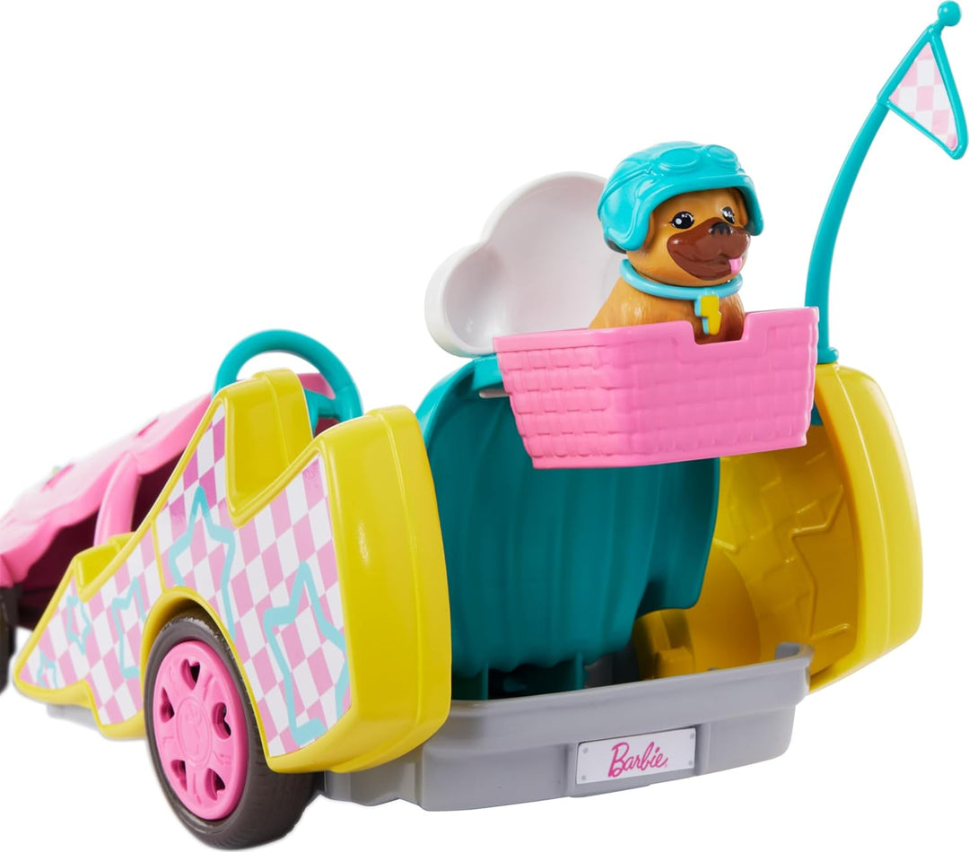 Barbie und jüngere Schwester Stacie - Gokart Abenteuer Spielset mit praktischem Hundekorb zum Anbrin