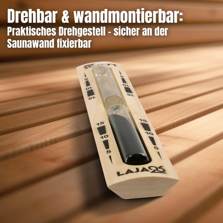 LaJa26 Sauna Sanduhr "Konvex" schwarzer Sand - FSC Espenholz - Drehgestell aus Holz zur Montage an d