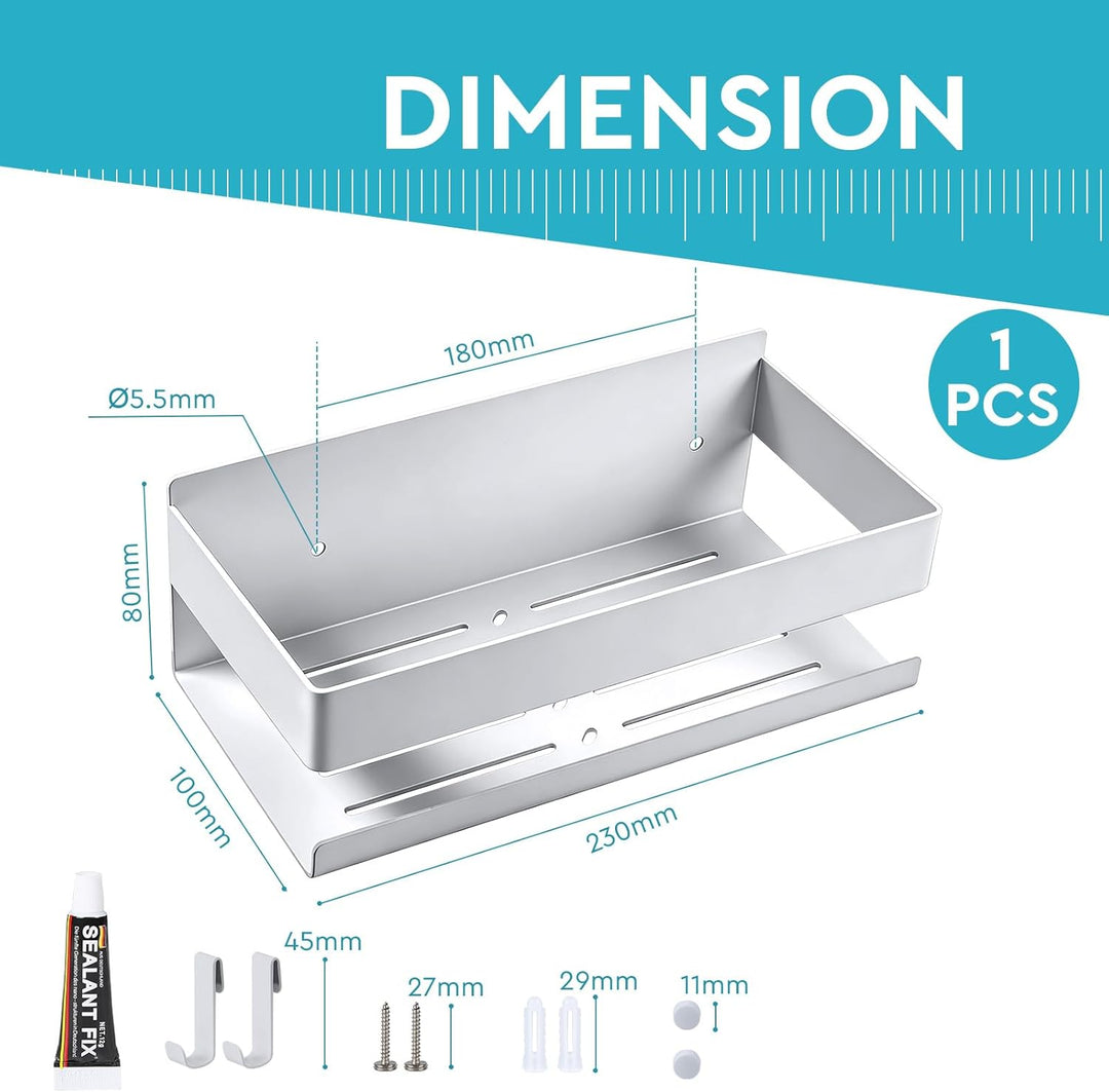 EXLECO Hoch Weiss Duschablage Ohne Bohren Duschregal Wand 23CM Edelstahl Badregal mit 4 Haken Duschk