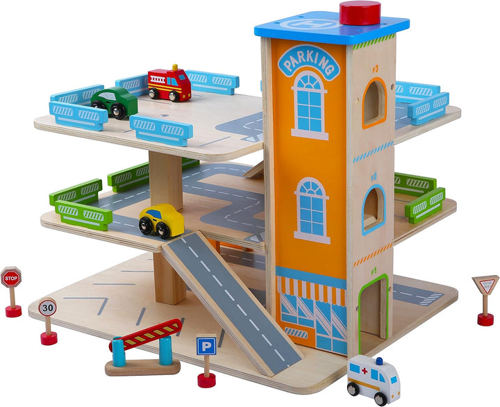 Leomark Grosse Parkgarage aus Holz - Auto Parkhaus - Garage mit Zubehör, Spielgarage mit Lift,