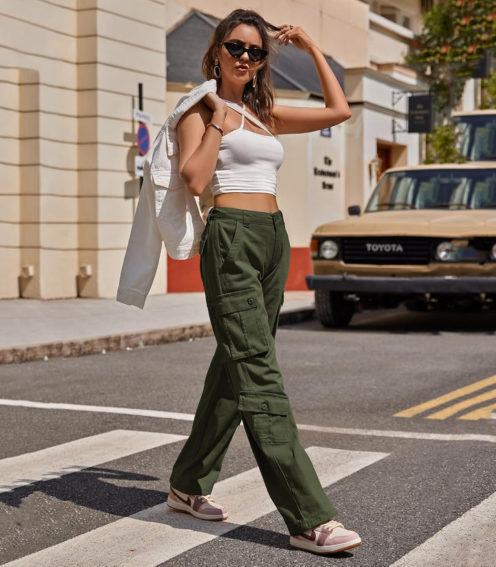 Cargohose Damen Baggy Y2K Multi Taschen High Waist Stretch Wanderhose Sport Jogginghose mit Elastisc