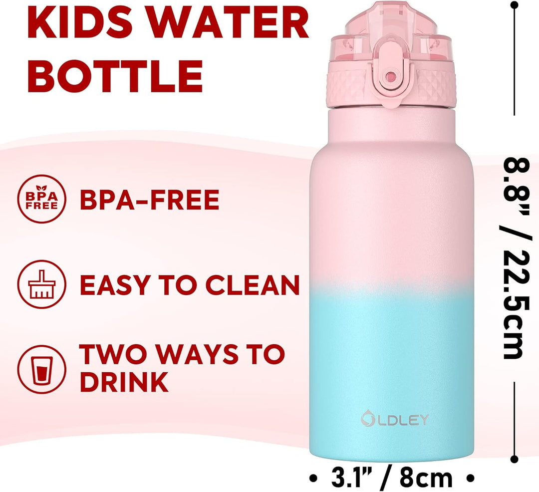 OLDLEY 500ml Kinder Edelstahl Wasserflasche mit Stroh für Schule mit 2 verschiedenen Deckeln, Metall