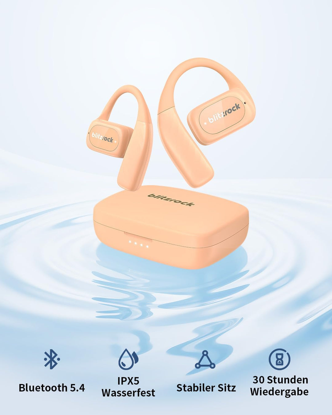 BlitzRock Open Ear Kopfhörer Kabellos Bluetooth 5.4 mit Ausgewogenem Sound, Weichem Ohrbügel, Krista