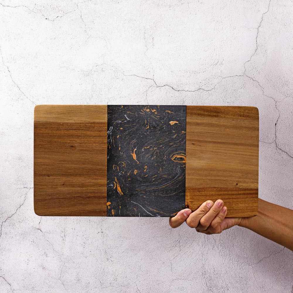 Kadum Servierplatte 40cm x 20cm x 1,4cm | Beidseitig nutzbares Servierbrett aus Marmor und Akazienho