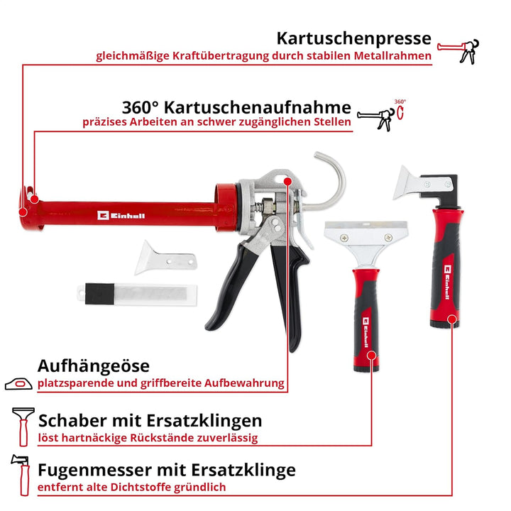 Einhell Silikonreparatur-Set, 22-tlg. (Kartuschenpresse mit 360° drehbarer Kartuschenaufnahme, 4 Fug