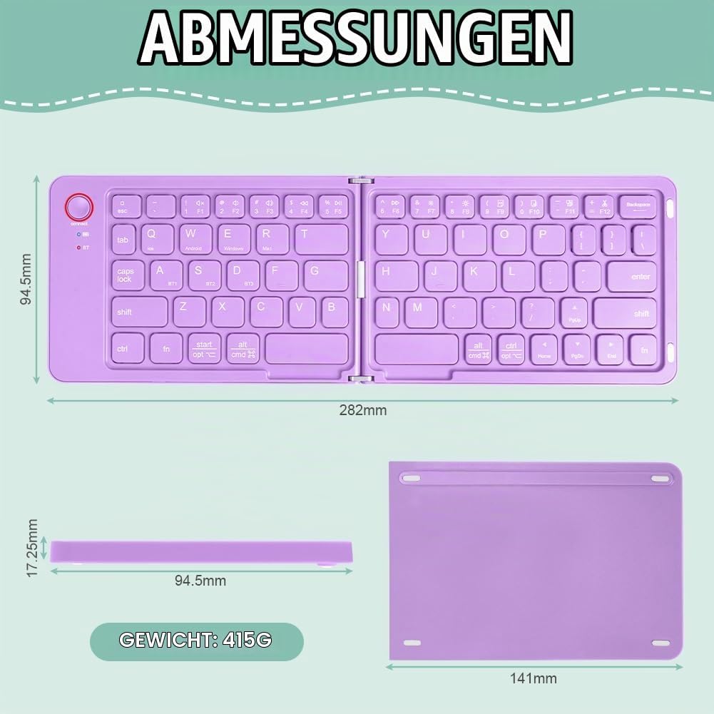 Faltbare Tastatur Klappbar, Wiederaufladbare kabellose Mini-Tastatur für iOS, Android, Windows, QWER