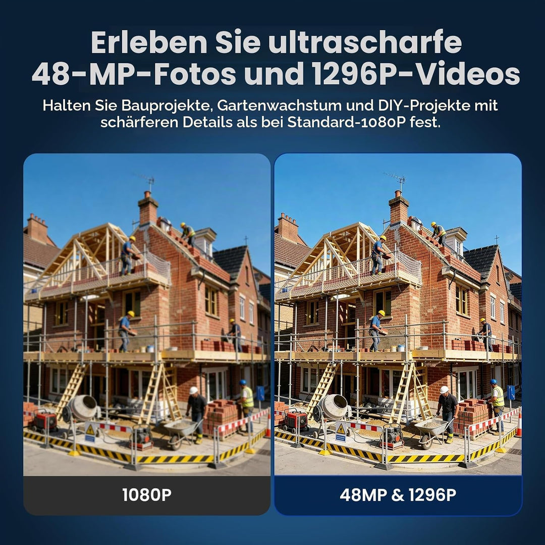Zeitraffer Kamera 1296P 48MP Baustellenkamera, 6-Facher Digitalzoom 180 Tage Aufnahme Timelapse Came