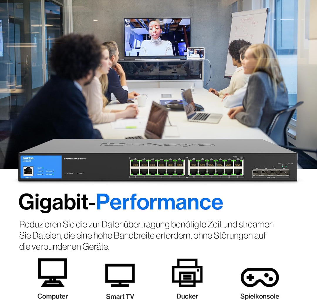 Linksys LGS328MPC-EU 24-Port Gigabit-Netzwerk-PoE+-Switch, 410 W, 4 10G-Uplink-SFP+-Steckplätze – Sm
