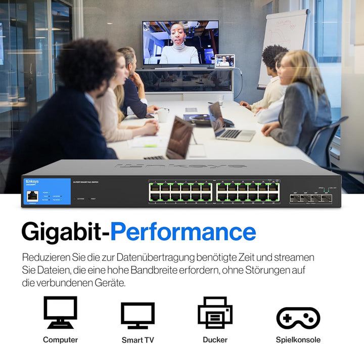 Linksys LGS328MPC-EU 24-Port Gigabit-Netzwerk-PoE+-Switch, 410 W, 4 10G-Uplink-SFP+-Steckplätze – Sm