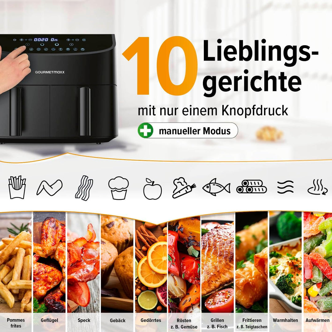 GOURMETmaxx Doppelkammer-Heissluftfritteuse 2x 3,5L - Schwarz | Airfryer + synchronisierte Garzonen,
