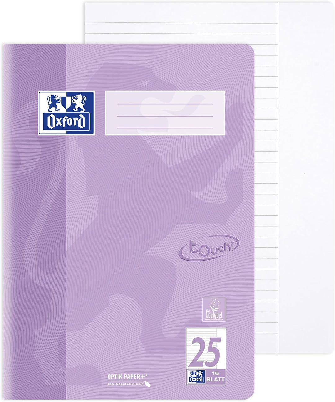 Oxford Schulheft A4 Touch, 16 Blatt, Lineatur 25, liniert, pastell flieder, 15 Stück, Lineatur 25