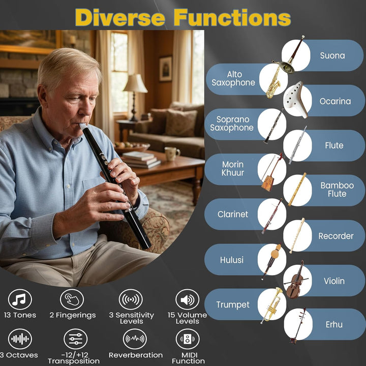KOMFOTTEU Digitales Blasinstrument MIDI Bluetooth USB mit 13 Tönen, 2 Finger (Saxophon/Flute), tragb