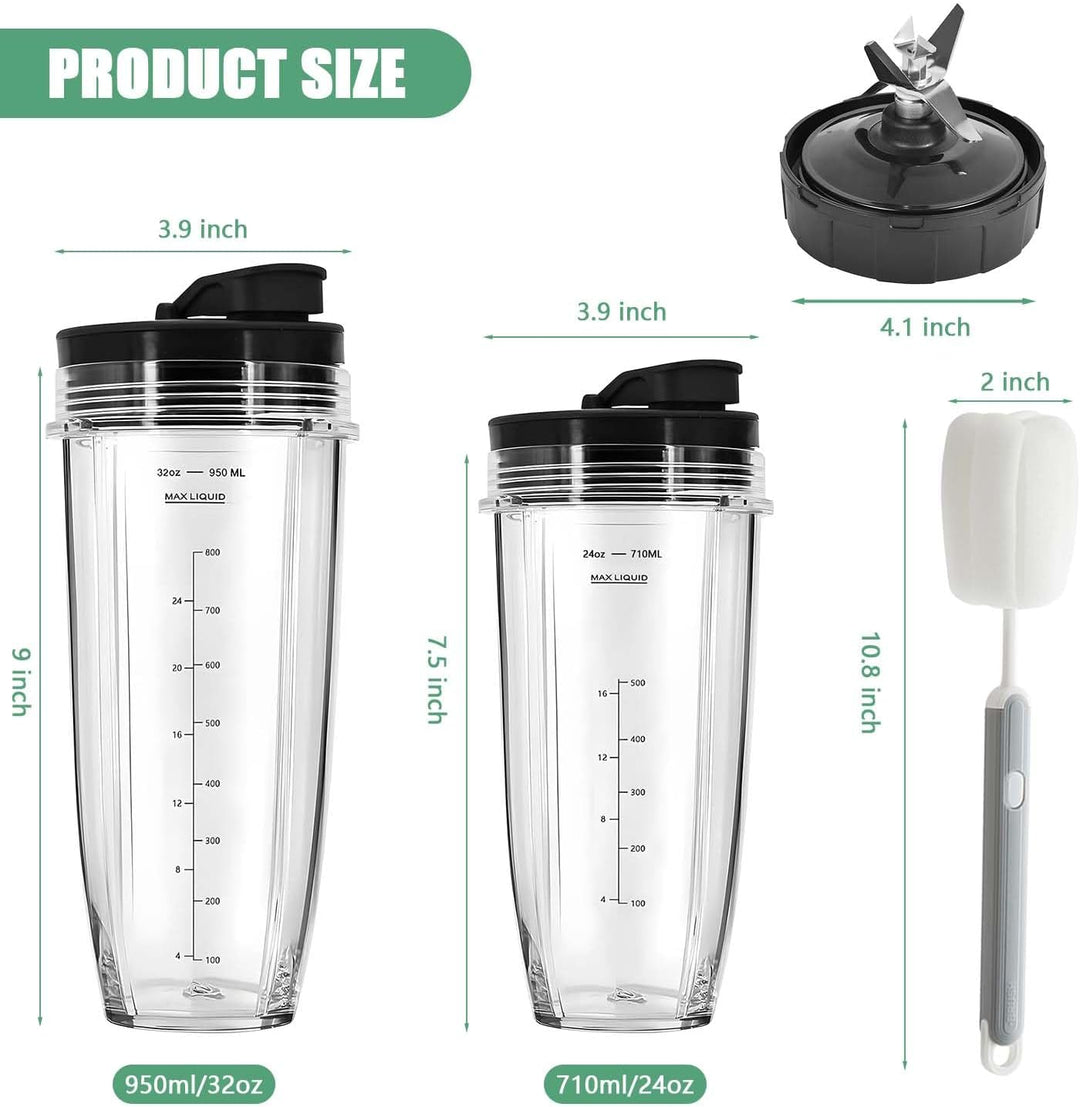 Blender Becher & 7 Flossen Zerkleinerungsklinge für Ninja Mixer, 24oz & 32oz Cups mit 2 Abdeckung,Bü