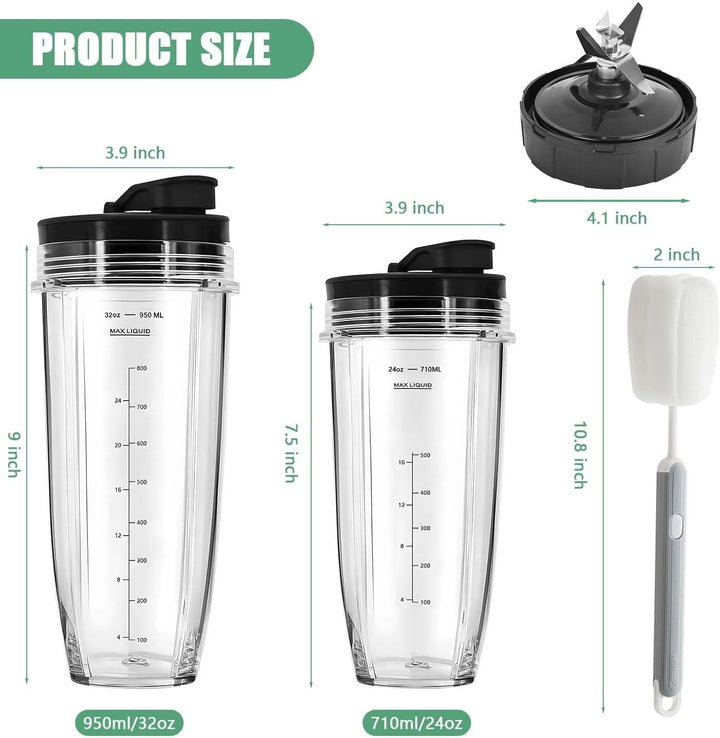 Blender Becher & 7 Flossen Zerkleinerungsklinge für Ninja Mixer, 24oz & 32oz Cups mit 2 Abdeckung,Bü