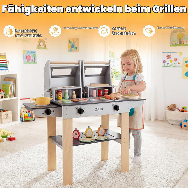 FANTASK Kindergrill Spielzeug, Barbecue Grill mit Grillbesteck &amp; Spiel-Lebensmitteln, Matschküche mi