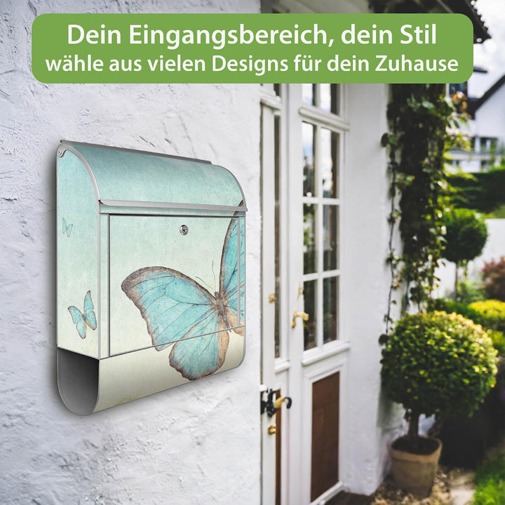 banjado® Design Briefkasten mit Motiv Blaue Schmetterlinge 39x47x14cm &amp; 2 Schlüssel - Briefkasten St