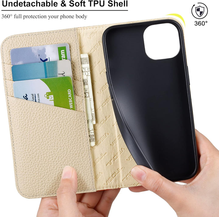 VISOUL Hülle für iPhone 13, Schutzhülle [Echt Leder] [Schützt vor Stoss] [Kartenfach] [Magnetverschl
