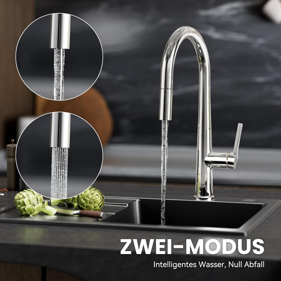 CECIPA Wasserhahn Küche, Hoher Bogen Hochdruck Küchenarmatur mit Brause Ausziehbar Armatur, Mischbat