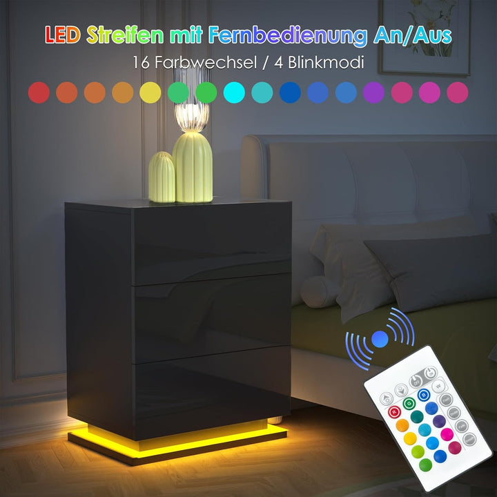 Lvhecforhm 2er Set Nachttisch Schwarz, Nachttische Hochglanz Front, Nachttisch Schwarz mit 3 Schubla