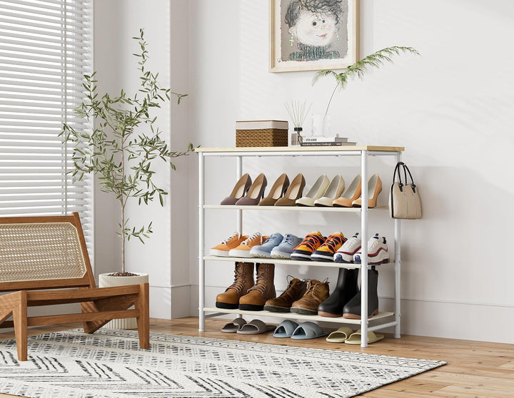 HOMIDEC Schuhregal,4-Ebenen Schuhablage mit Holzbrett als oberstes Regal,Schuhaufbewahrung für 12-16