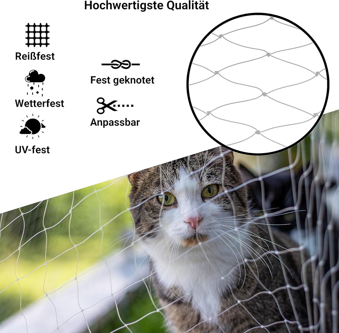 FinoPet Katzennetz für Balkon 8x3 Meter transparent mit Katzenbürste inklusive Befestigungsmaterial,