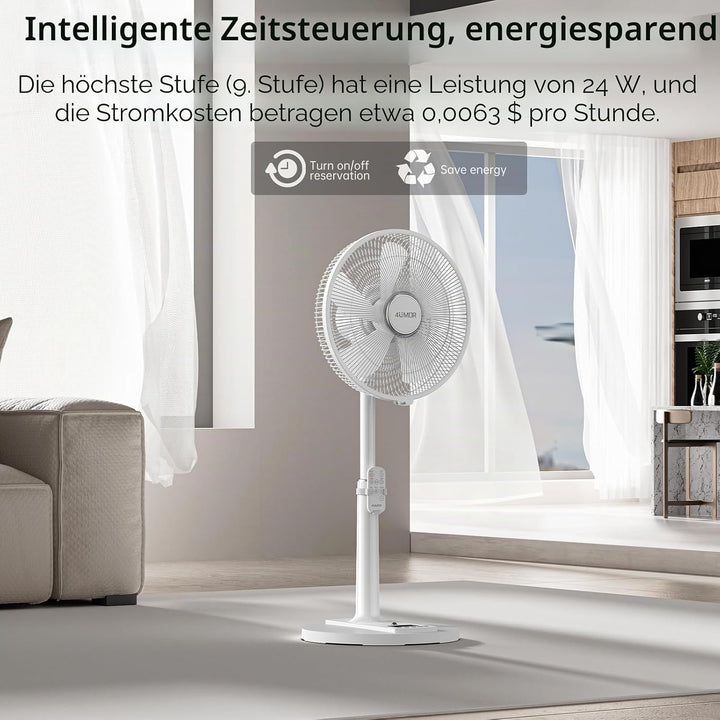 4UMOR Standventilator leise 24W 20dB DC Motor 9 Geschwindigkeiten Oszillation90° verstellbar Ventila