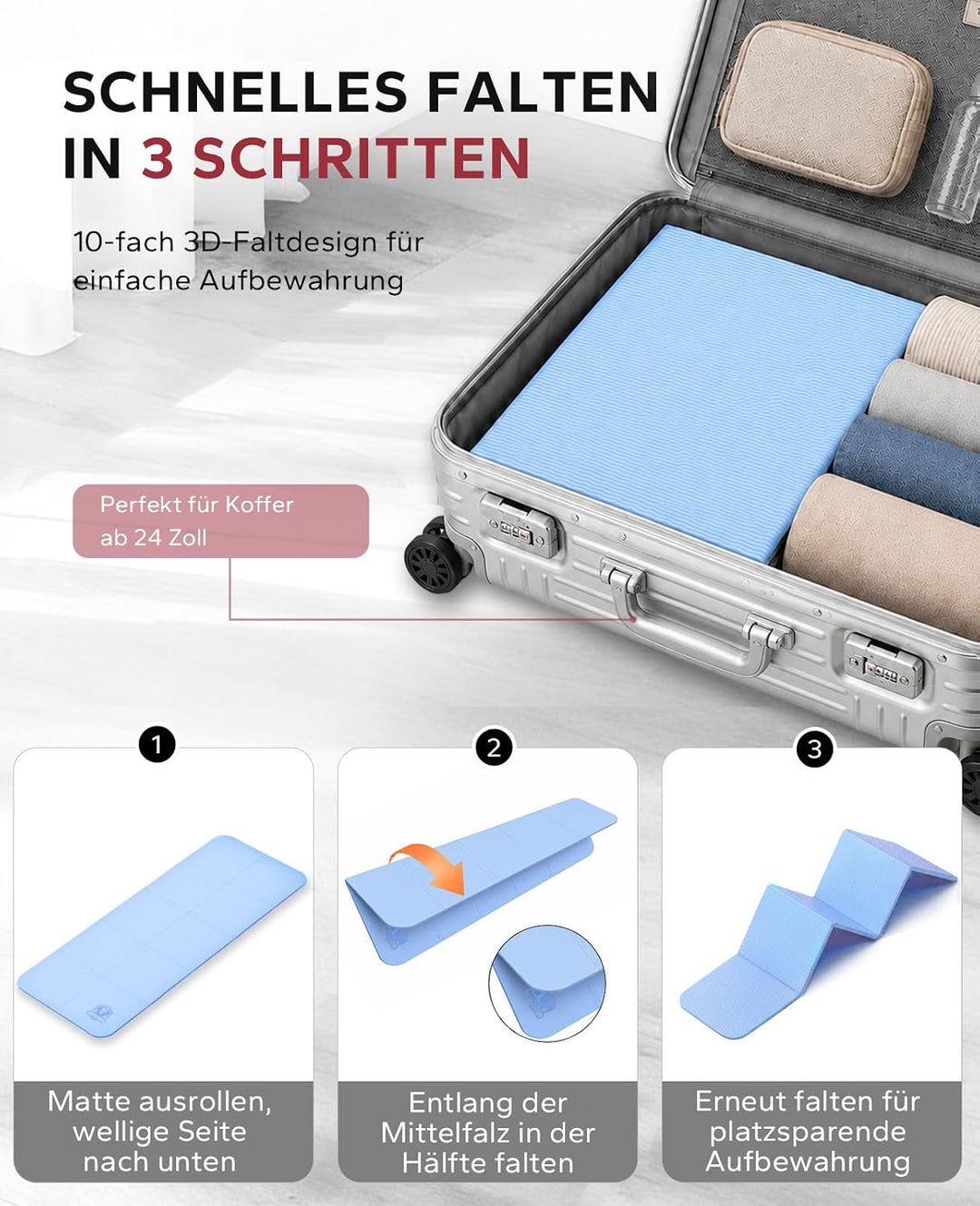 HAPBEAR Reise Yogamatte faltbar 183x61x0,6cm – rutschfeste TPE Yogamatte klappbar mit Tragetasche, l
