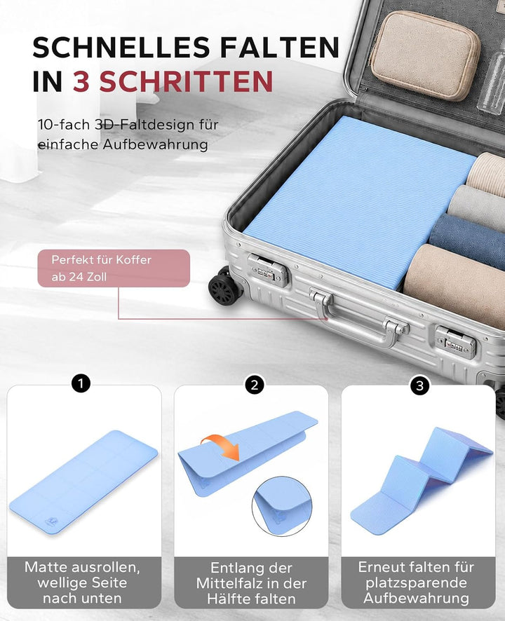 HAPBEAR Reise Yogamatte faltbar 183x61x0,6cm – rutschfeste TPE Yogamatte klappbar mit Tragetasche, l