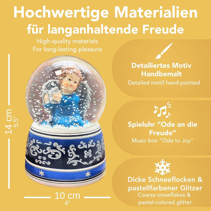 Schneekugel Weihnachten mit Musik | Engel blau mit Harfe Silber | Sockel blau-Silber Ornamente | H: