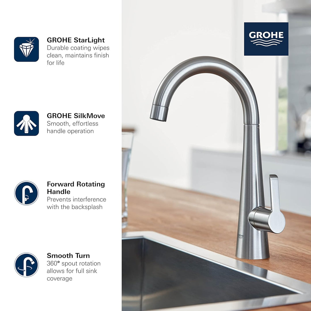 GROHE 30026002 - Zedra grifo de una agua fregadero C-caño, Silber