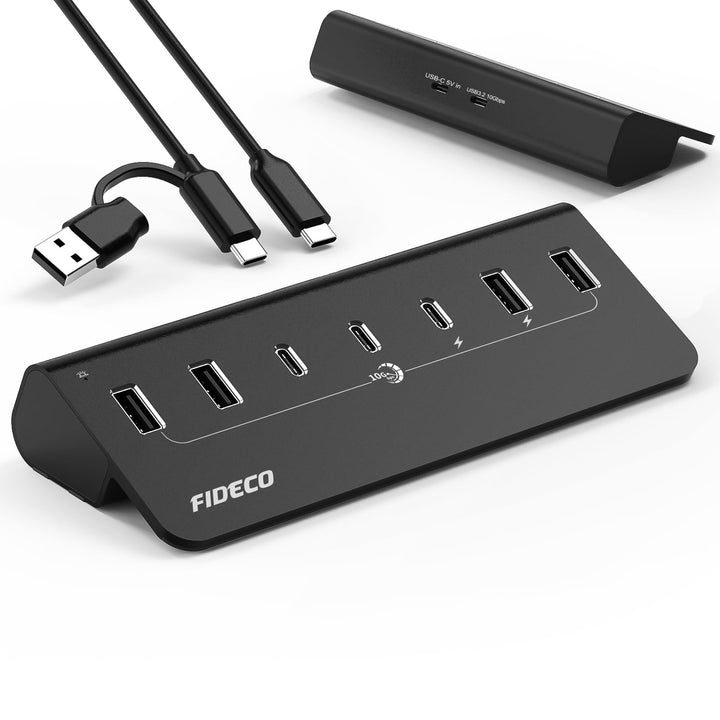 FIDECO USB Hub mit Netzteil, 7 Port USB 3.2 Gen 2, 10Gbit/s Schneller Datenhub, Vollaluminium-Verlän