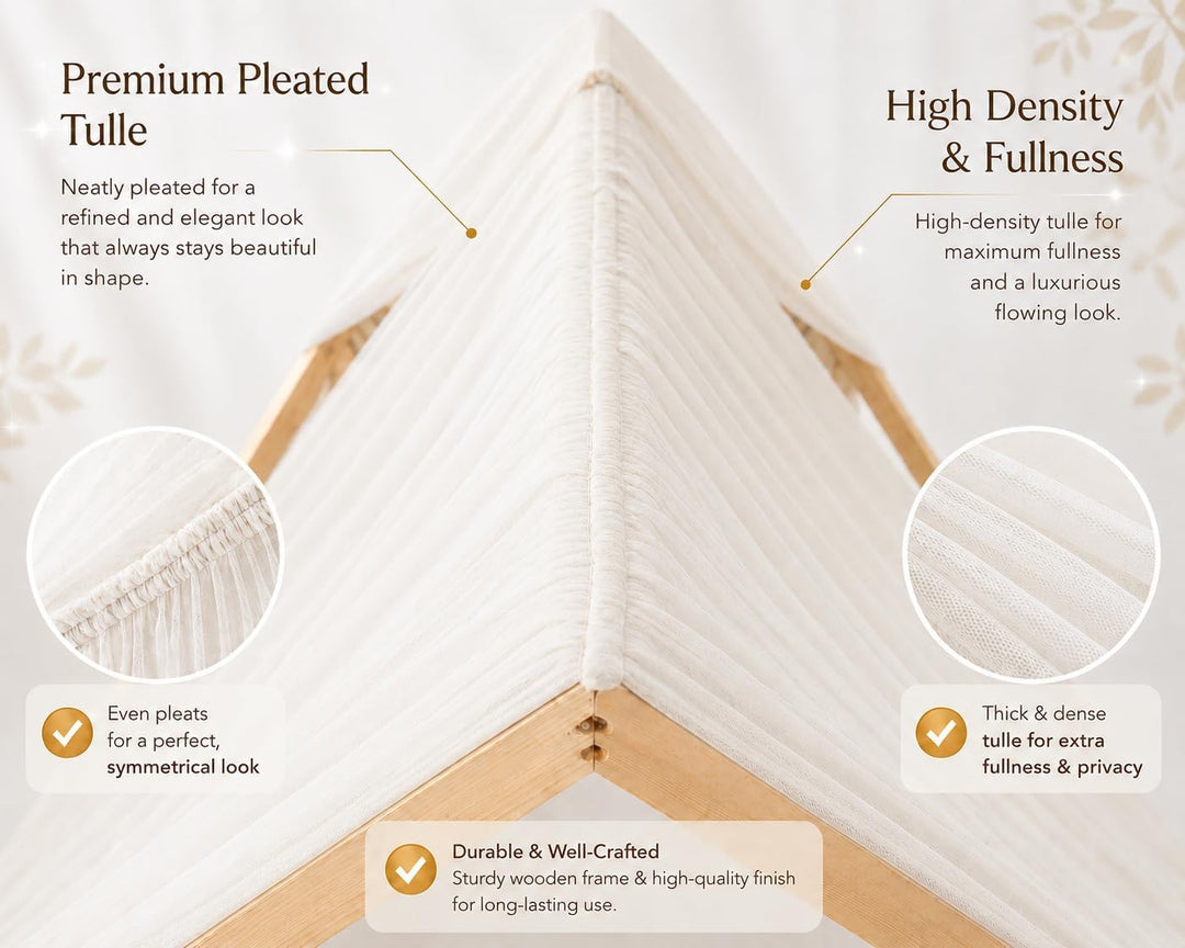 Baby Fancyroom Betthimmel für Hausbett, Bettvorhang aus Tüll, Beige, 2er Set mit Schleifen und Pompo