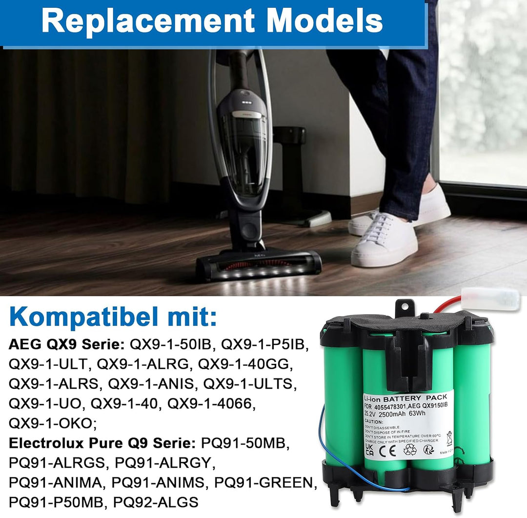 25,2V Li-Ion Akku Kompatibel mit AEG QX9 / Electrolux Pure Q9 Serie, QX9-1-50IB QX9-1-ANIM QX9-1-ALR