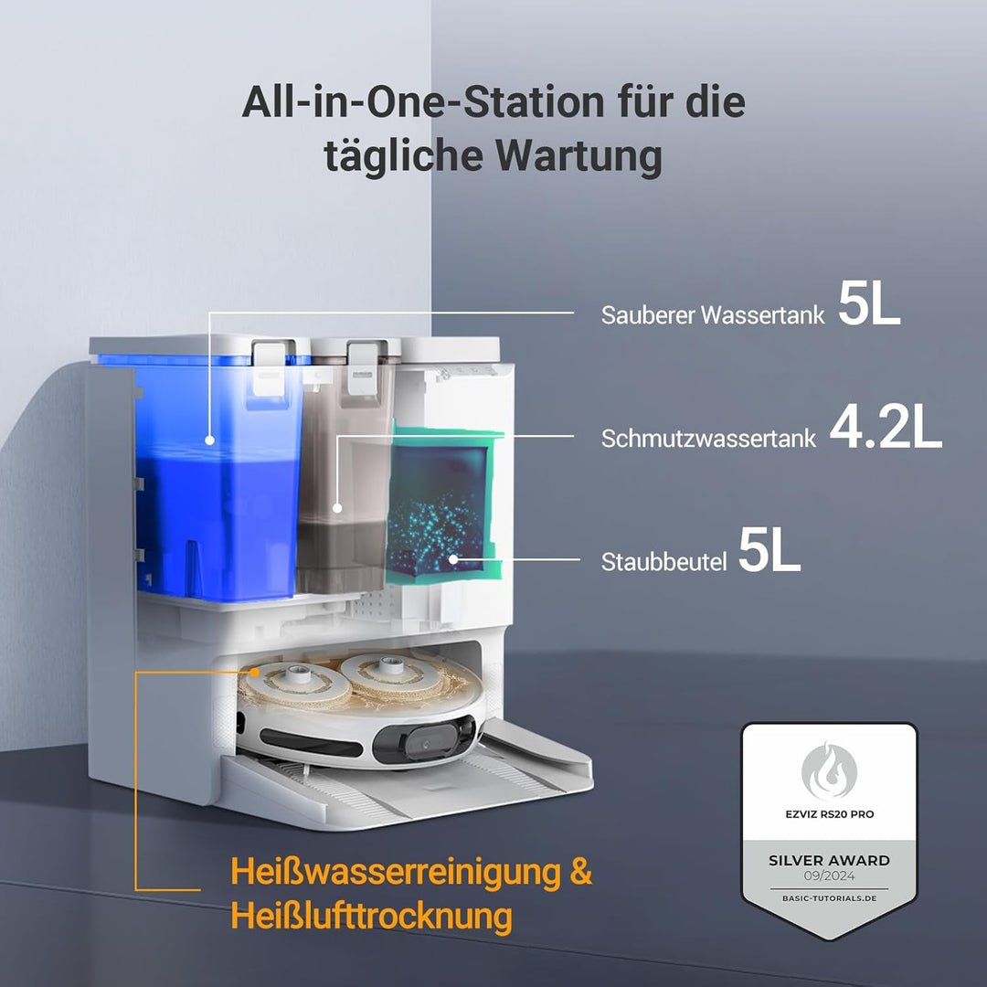EZVIZ Saugroboter mit Wischfunktion und Absaugstation, 7200 Pa, Zero Tangle Bürste, Vielseitiger Tep
