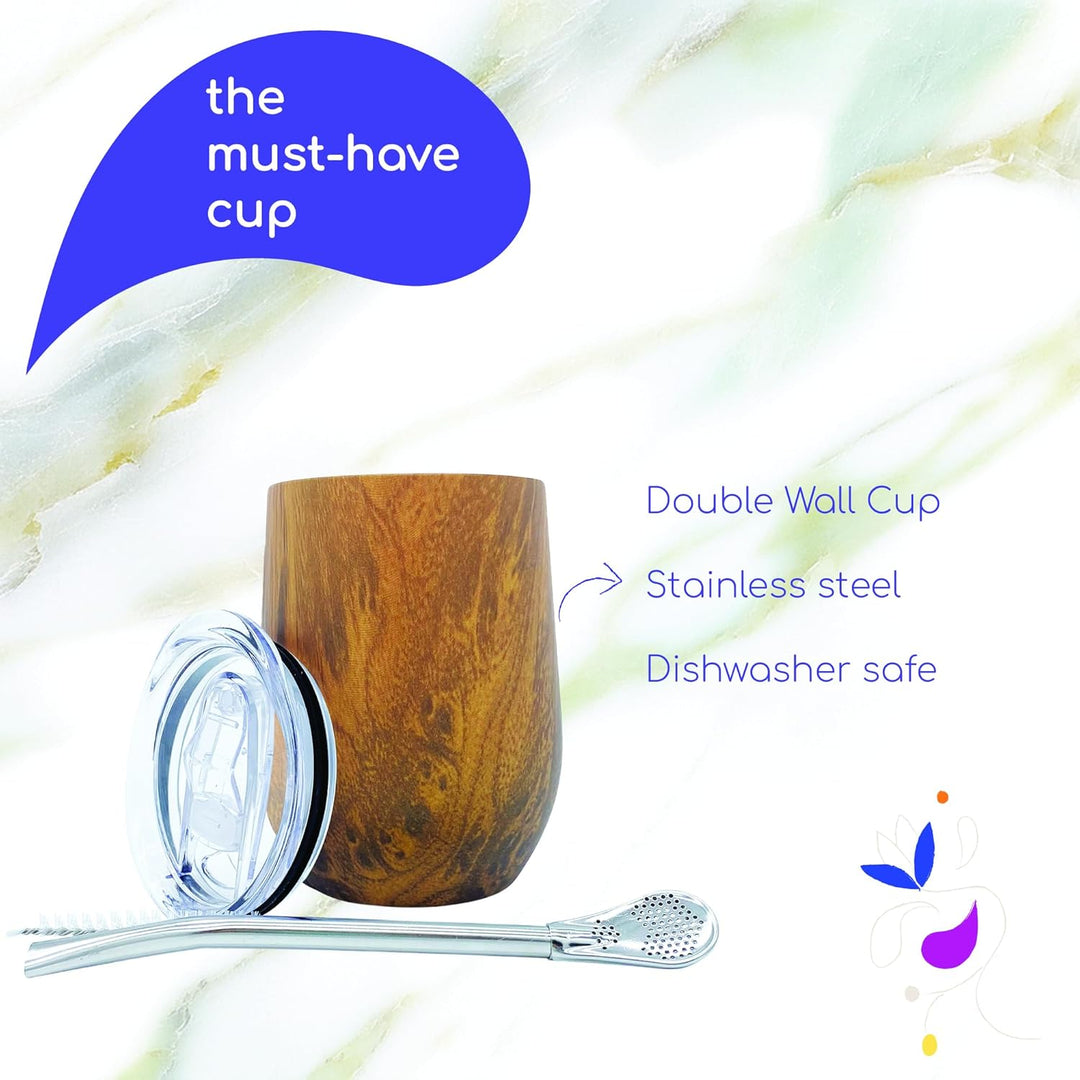 Set Tasse Yerba Maté | Argentinien | Kalebasse + Bombilla Strohhalm + Deckel | ideale Trinkflasche z